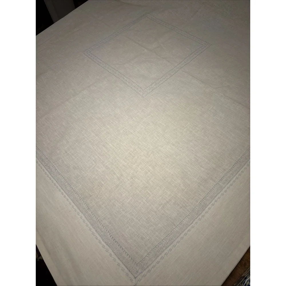 Vintage Hand Embroidered‎ Linen Heavy White Tablecloth Light Blue  49.5